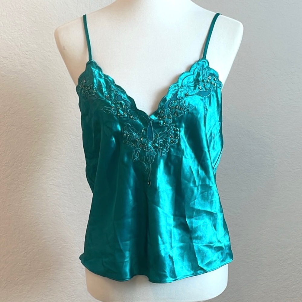 Frederick's of Hollywood Teal Satin Camisole Top Size Medium Vintage
